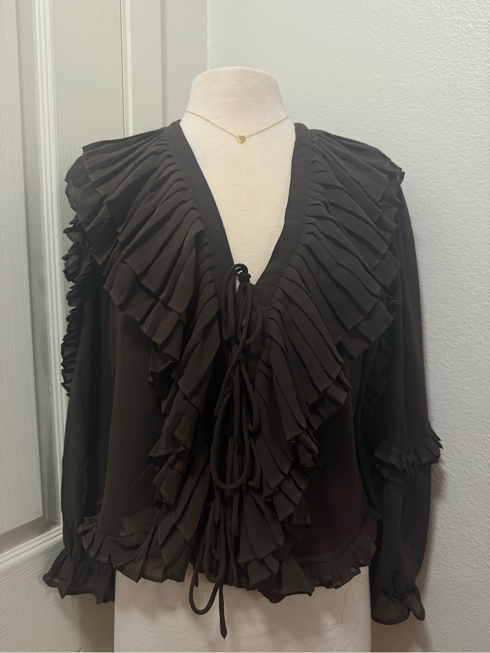 Joie Dark Brown Hot Fudge Ruffle Tie-Front Blouse